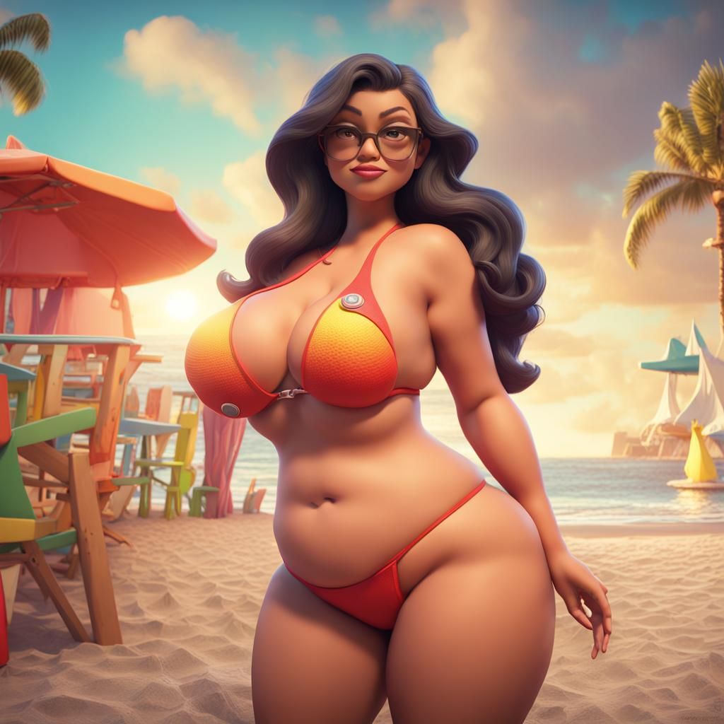 Voluptuous Woman on Beach in Pixar-Style 3D Art