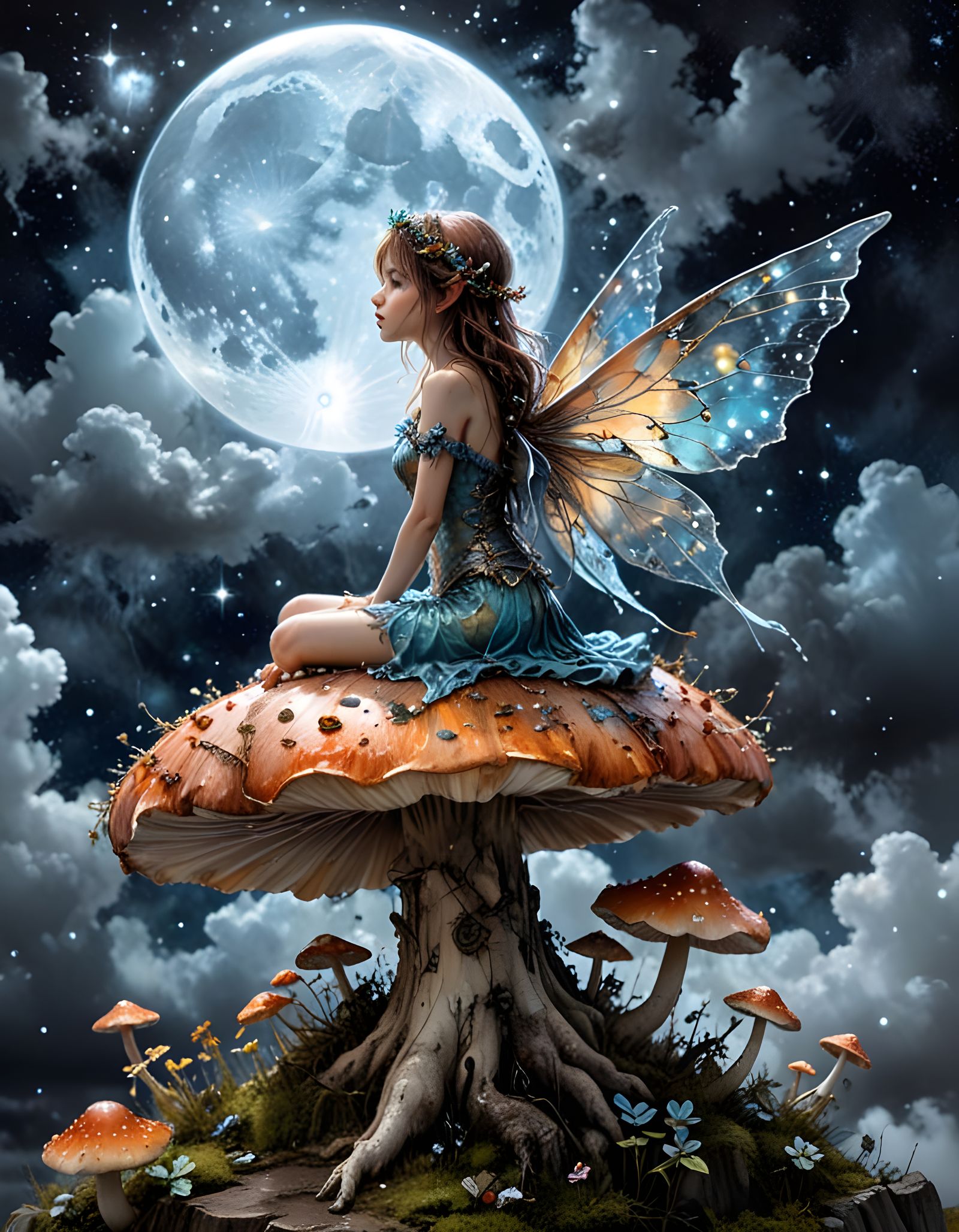 Fairy on Mushroom Gazing at Moon, Watercolor Style