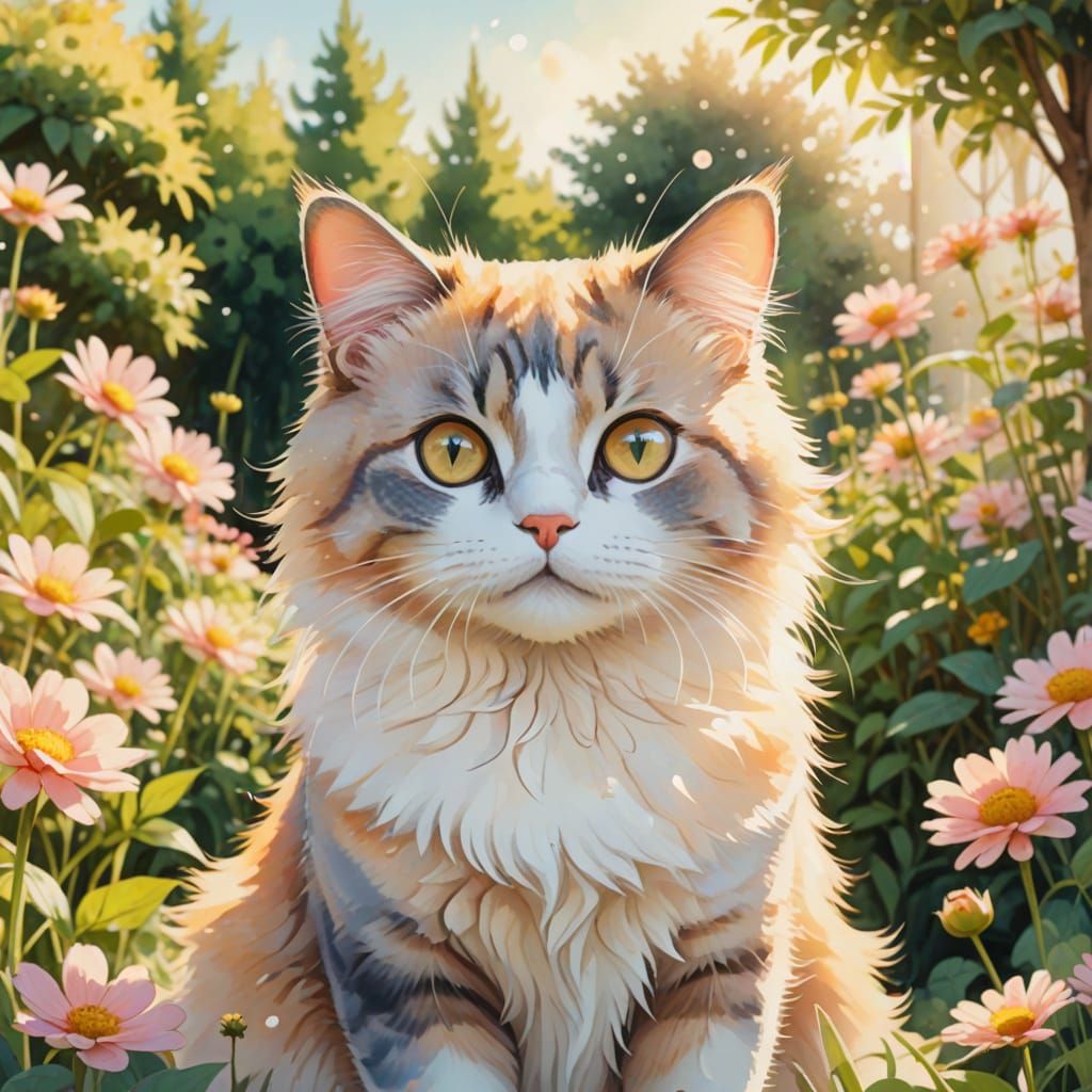 Anime-Inspired Garden Scene with a Playful Cat