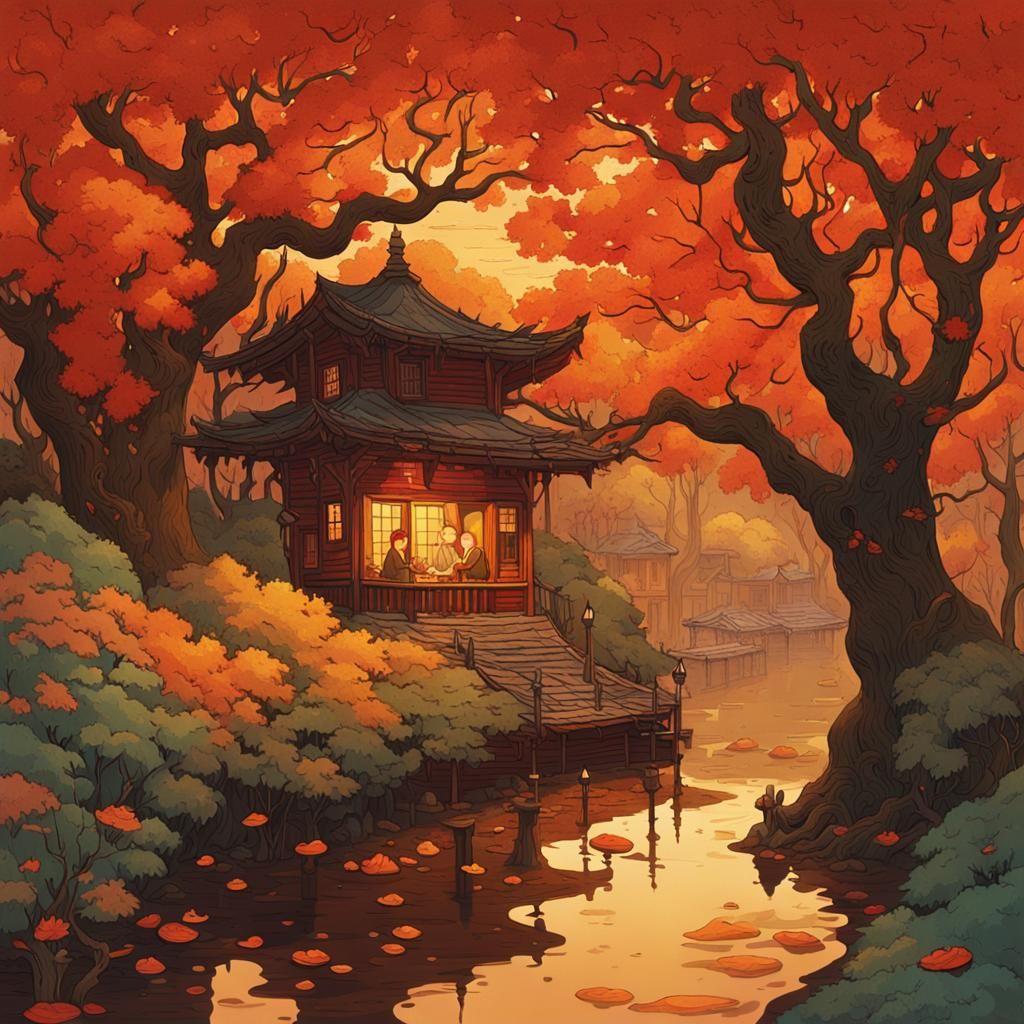 wonderful autumn night, style by Victo Ngai, Gregorio Catarino, Cyril Rolando, Michal Karcz, Anato....