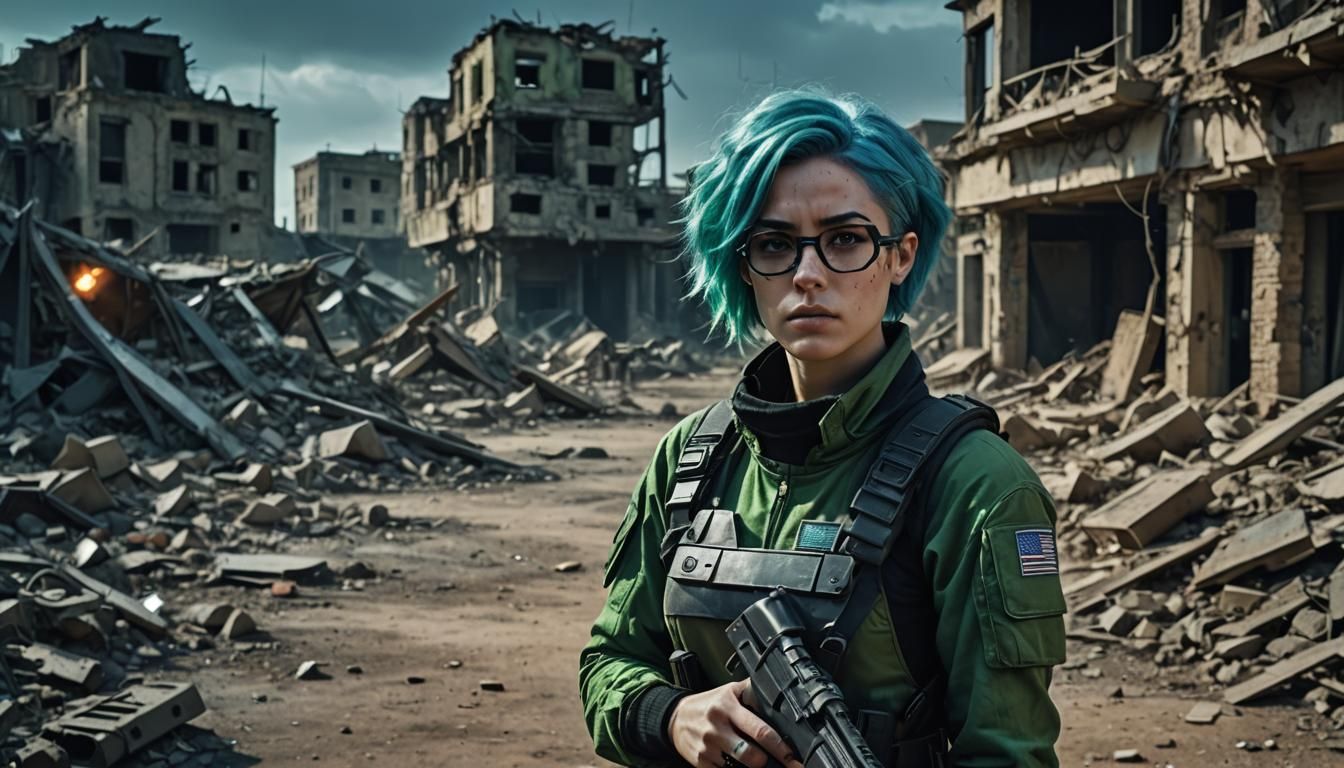 Sad Cyborg Revolutionary in Ruined Futuristic City