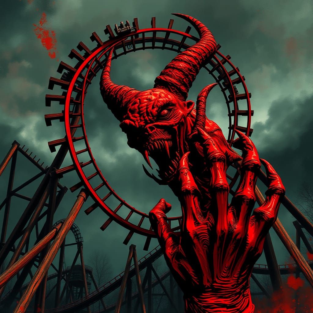 Eerie Rollercoaster About to Crash into Demon Statue