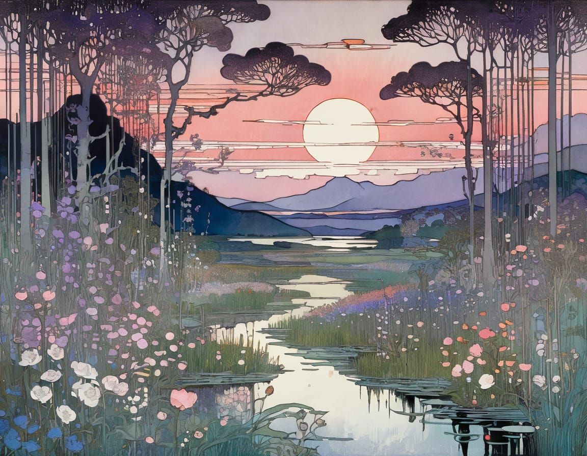 Whimsical Floral Landscape in Art Nouveau Style