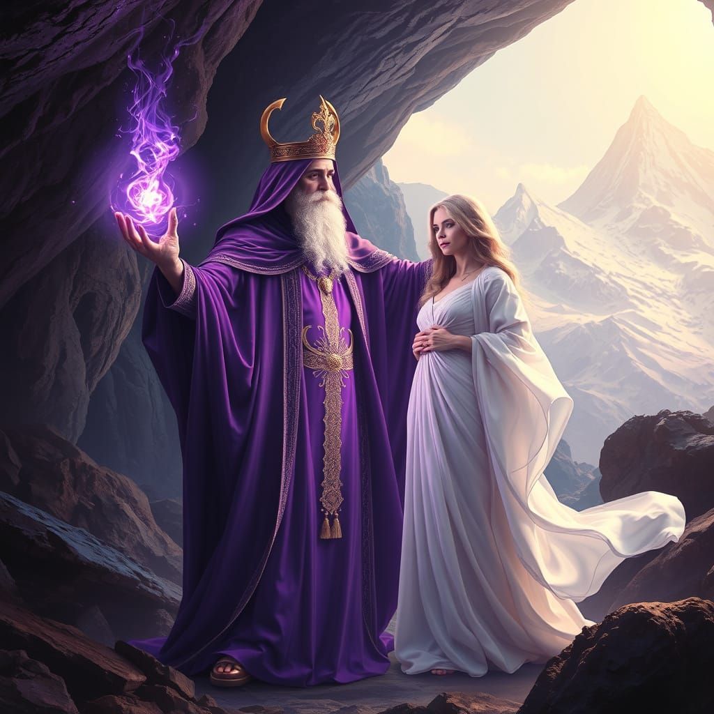 Saint Germain and his violet flame transmutes the aura of a lady in an amethyst sacred temple underground under the Moun...