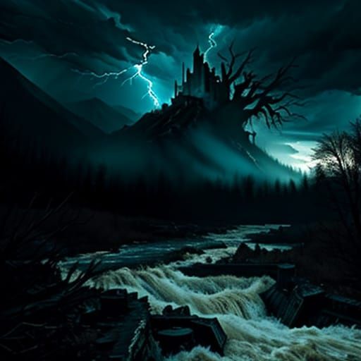 Apocalyptic Mountain Stream Surges Through Ruins