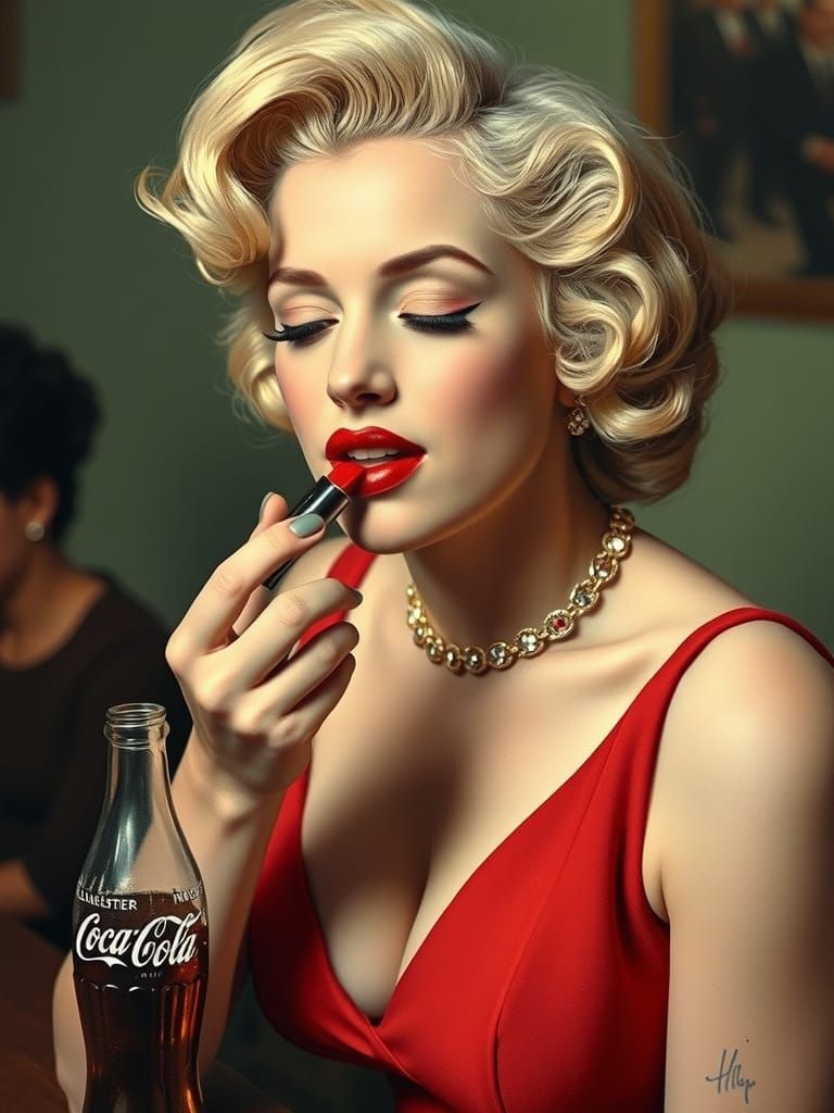 Elegant Lady Applies Lipstick in Vintage Style