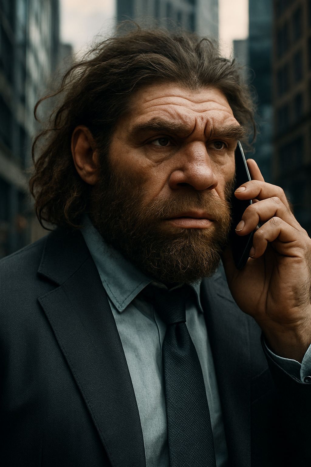 Modern Neanderthal Man in Business Suit on Smartphone