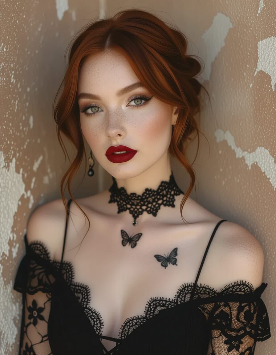 Gothic Woman Portrait with Auburn Hair and Lace Gown