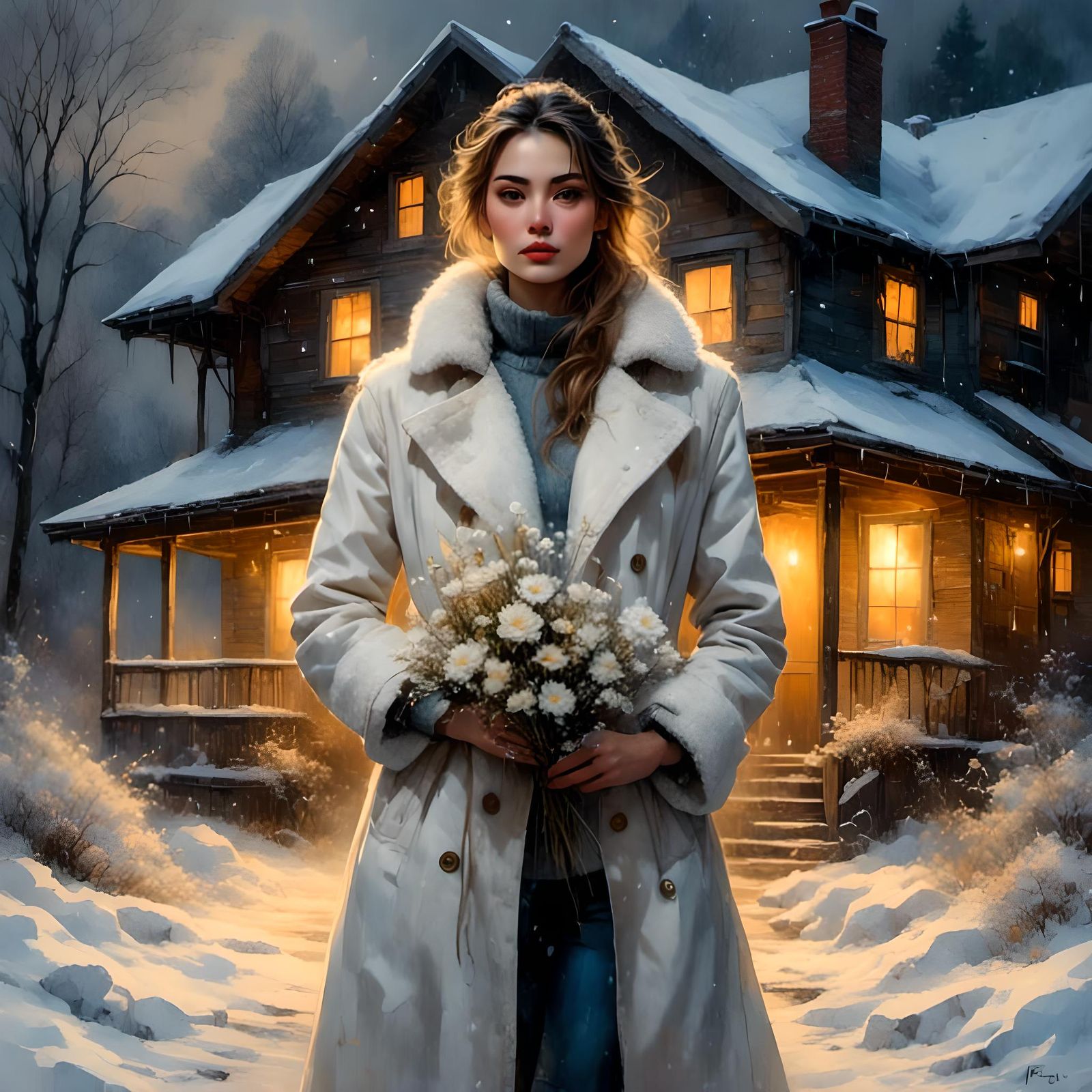 Snowy Cabin Sunset in Watercolor Comic Style