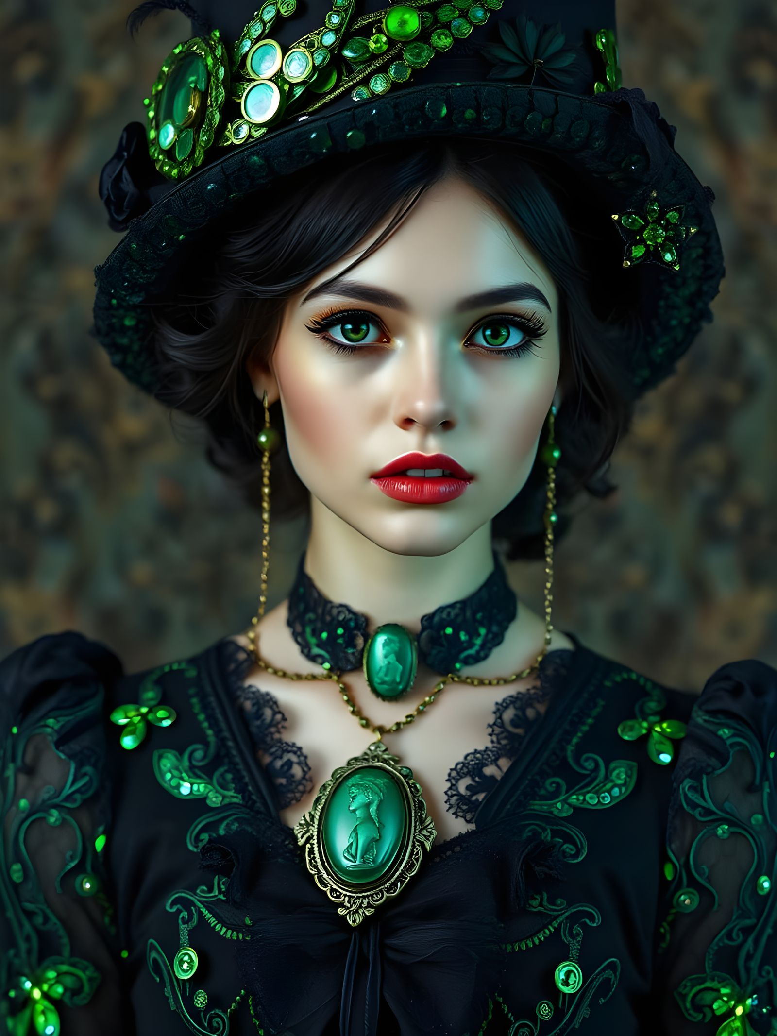 Gothic Victorian Beauty Shines in Emerald Sequins