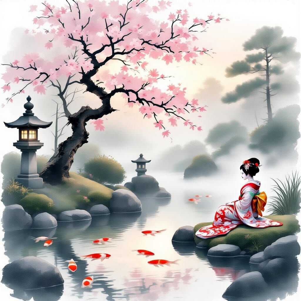 Serene Japanese Garden at Dawn with Blooming Cherry Blossom