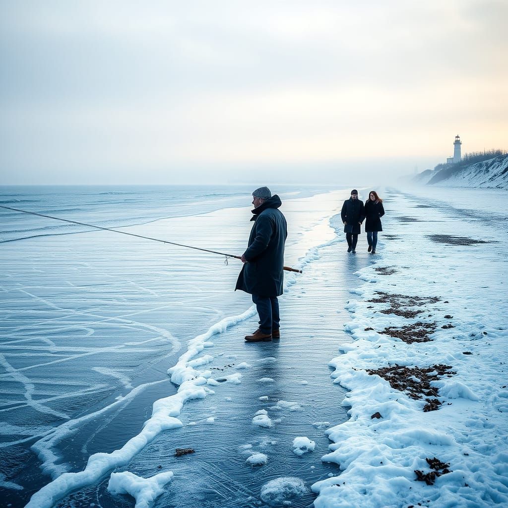 Desolate Winter Beach with Fisherman: Cinematic Photography