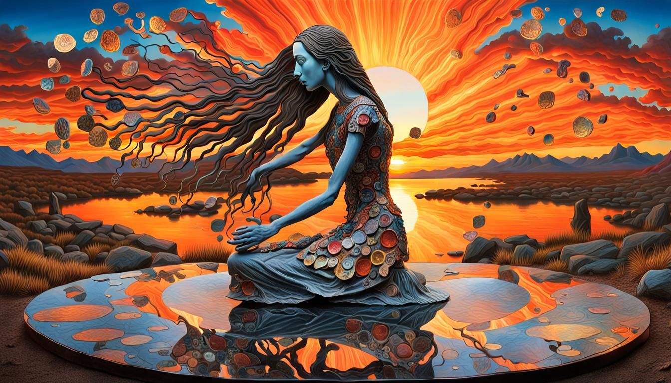 Surreal Bio Art: Woman, Sunset and Cracked Mirrors