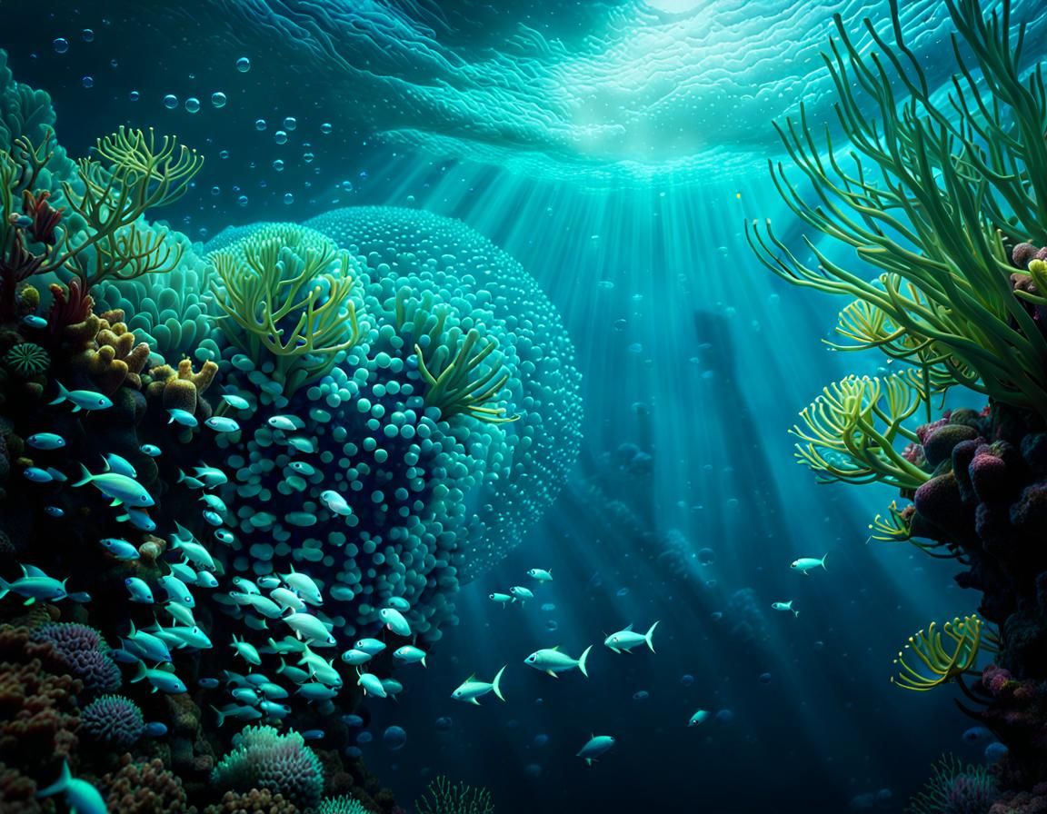 dark picture of the deep ocean under water with bioluminesce...