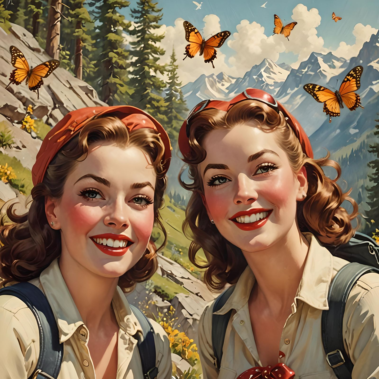 Happy Hikers in Gil Elvgren Pin-Up Style
