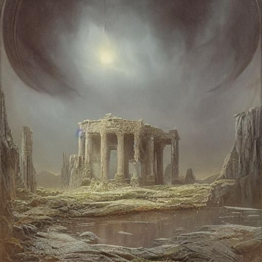 Ethereal Landscape Painting of Ancient Ruins