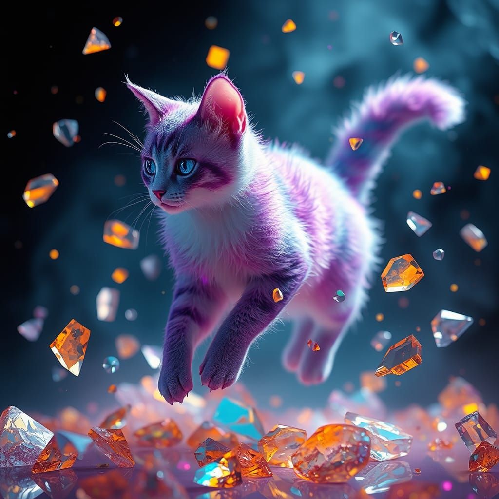 Ethereal 3D Cat in Shimmering Glass Fragments
