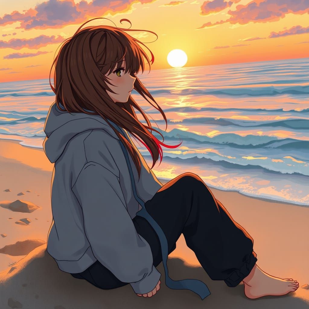 Teenage Girl at Sunset: Manga-Style Illustration