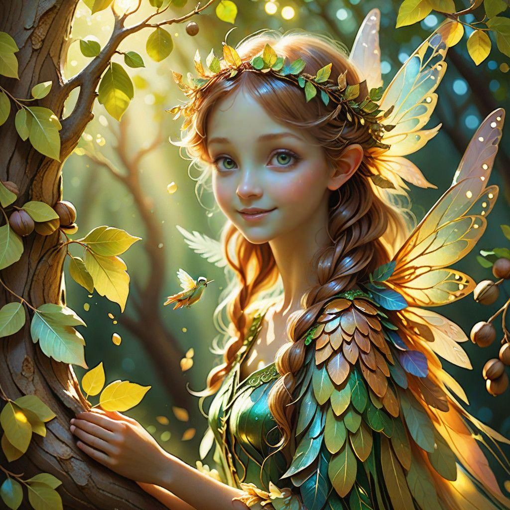 Whimsical Forest Sprite Among Walnut Tree Branches
