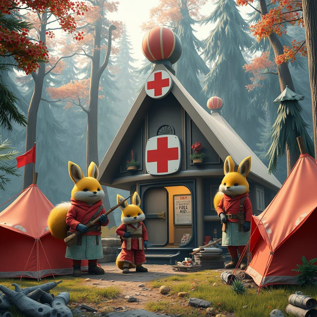 Fantastical Kitsune Builders Construct Whimsical Red Cross A...