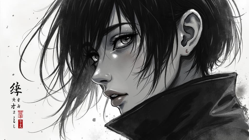 Detailed Ninja Woman Portrait in Manga Ink Style