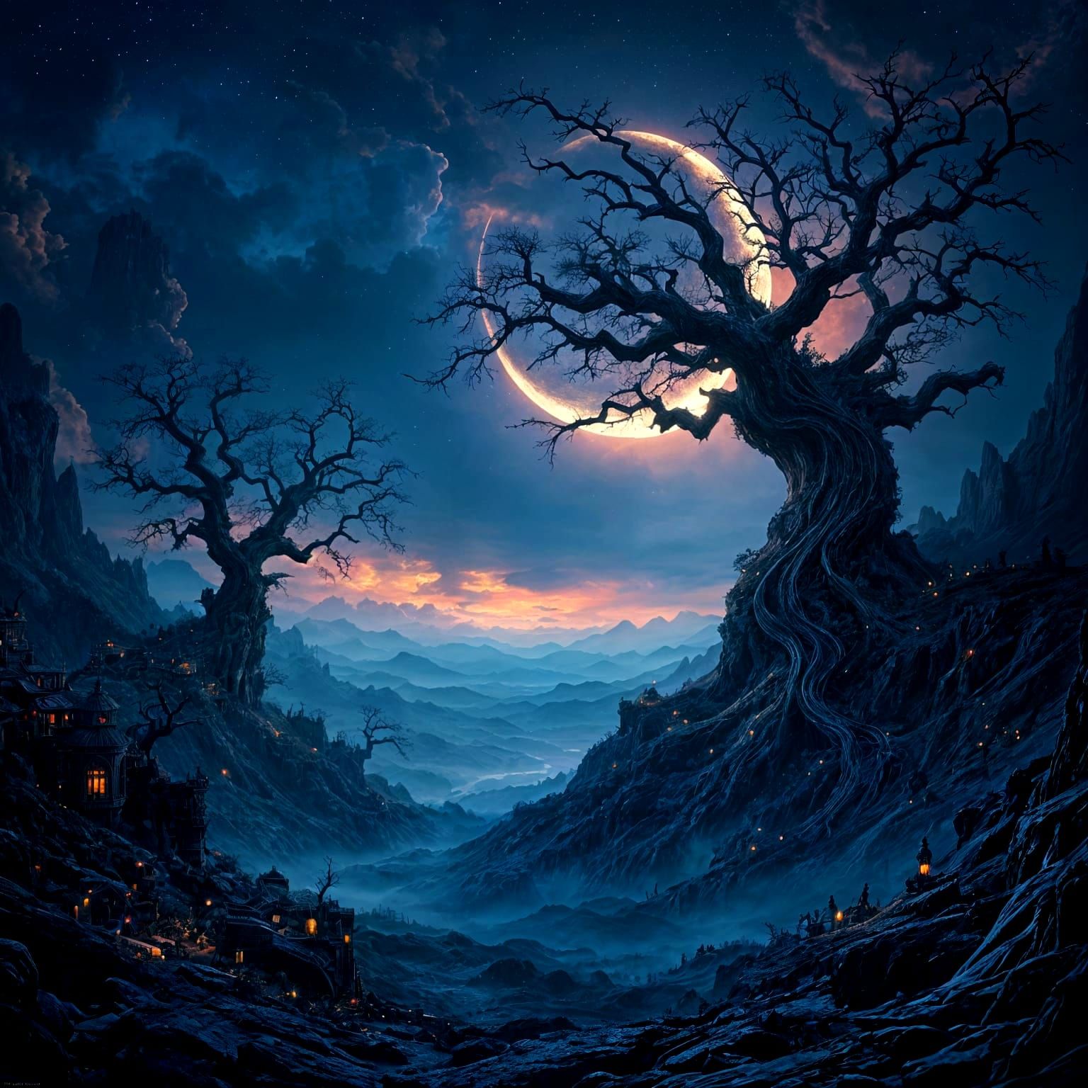 Waning Moon Rises in Deep Fantasy Landscape