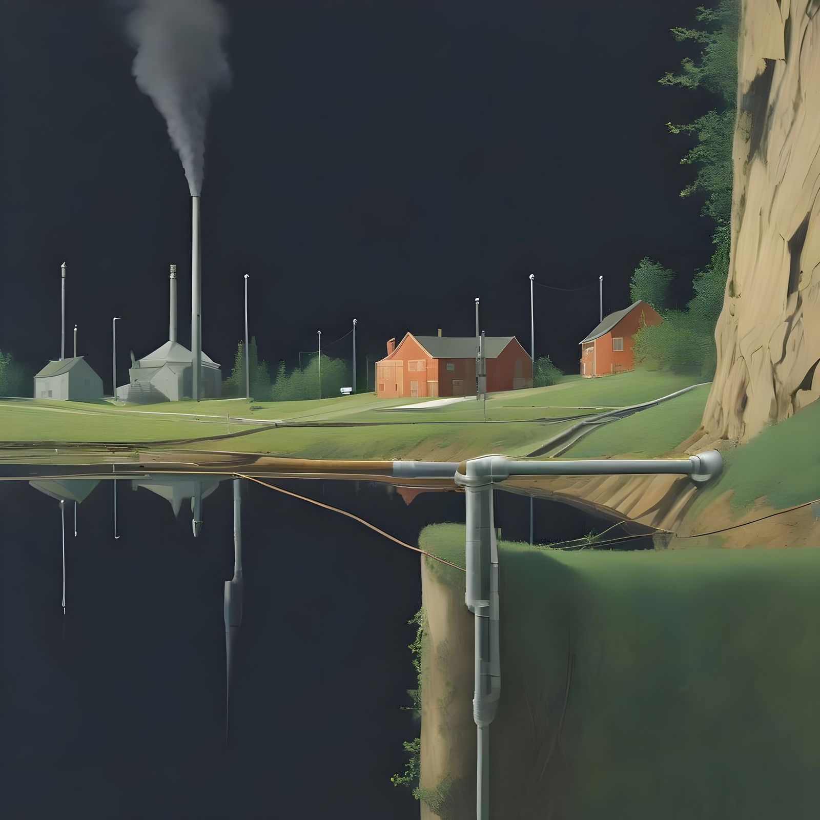 Industrial Landscape with Pipes and Cables in Bold Colors