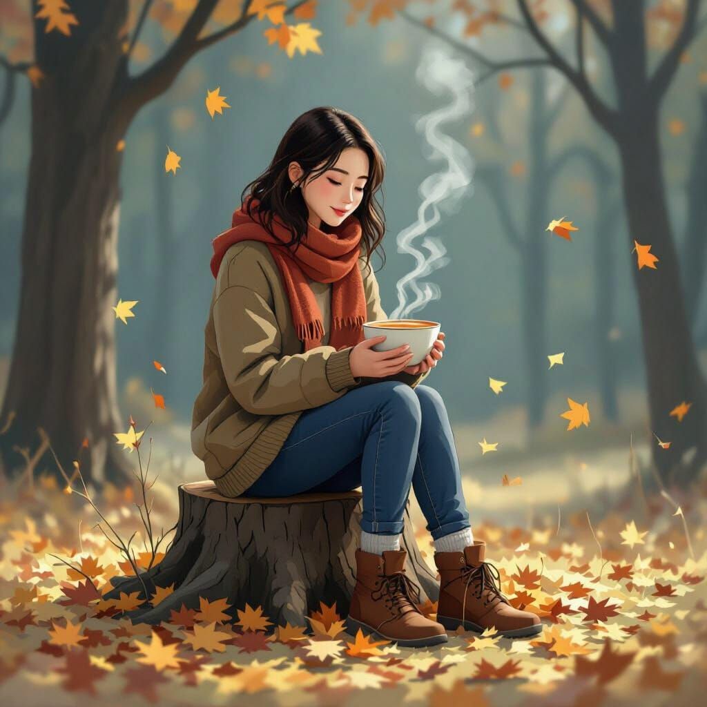 Cozy Autumn Scene: Woman with Hot Soup in Fallen Leaves