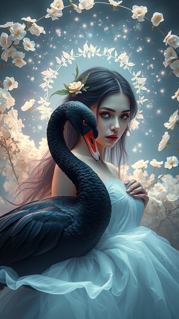 Majestic Black Swan Amidst Ethereal Bloom