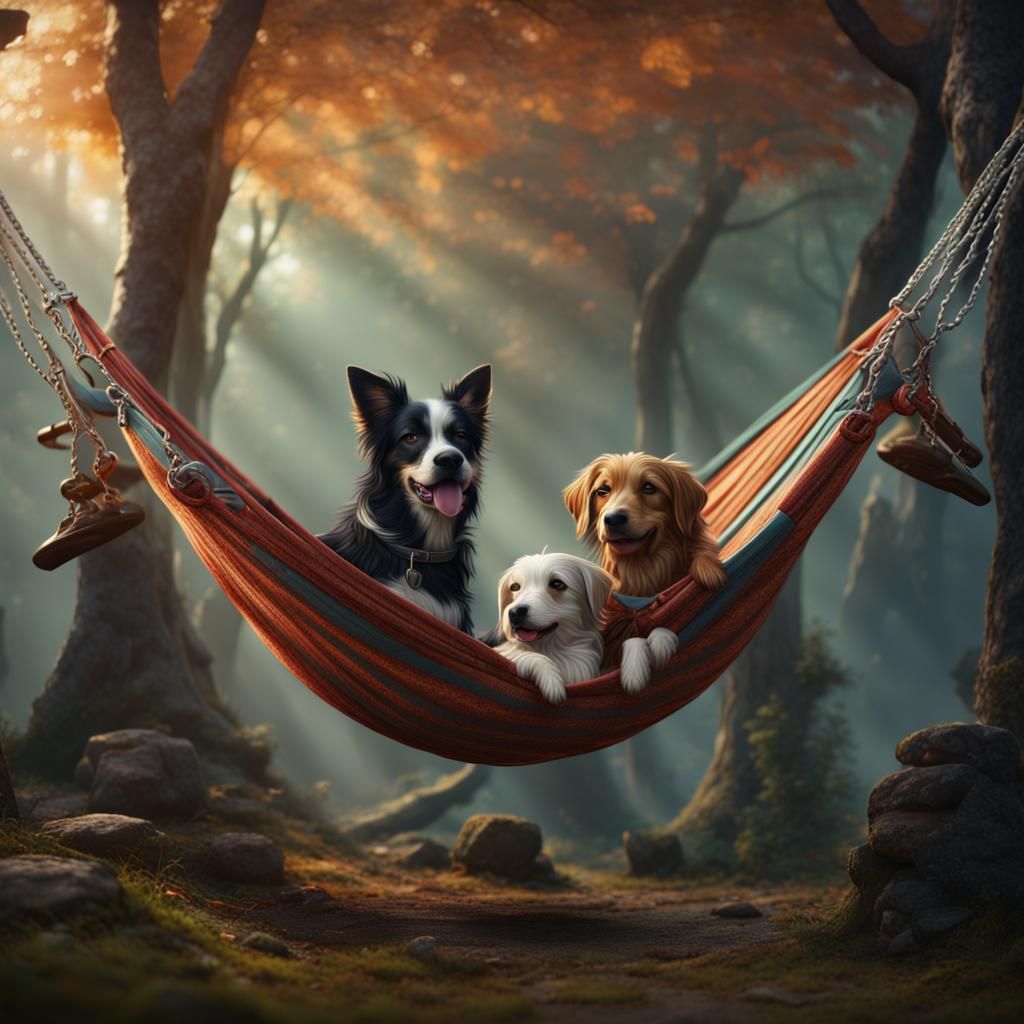 Dogs Relaxing in Hammock: Fantasy Concept Art