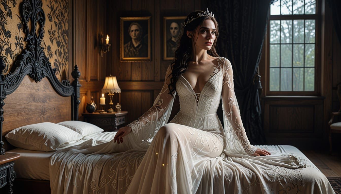 Ethereal Sorceress in Translucent Gown, Dark Gothic Makeup