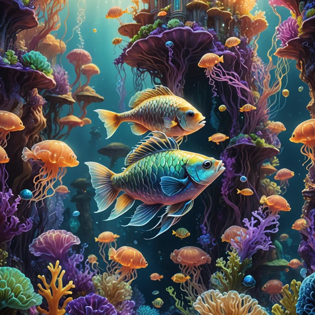 Fish in Mystical Underwater City, Digital Art