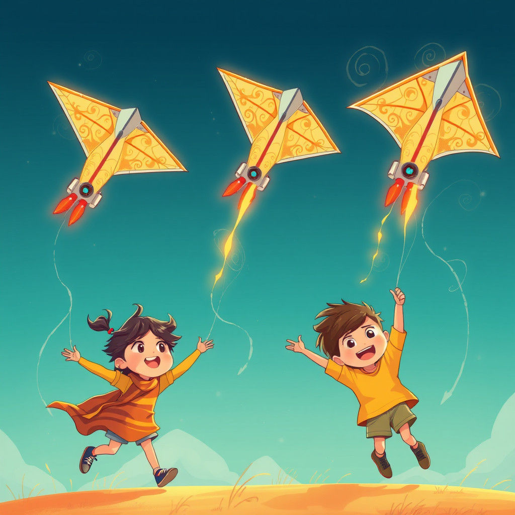 Cartoon Children Fly Futuristic Rocket Kites