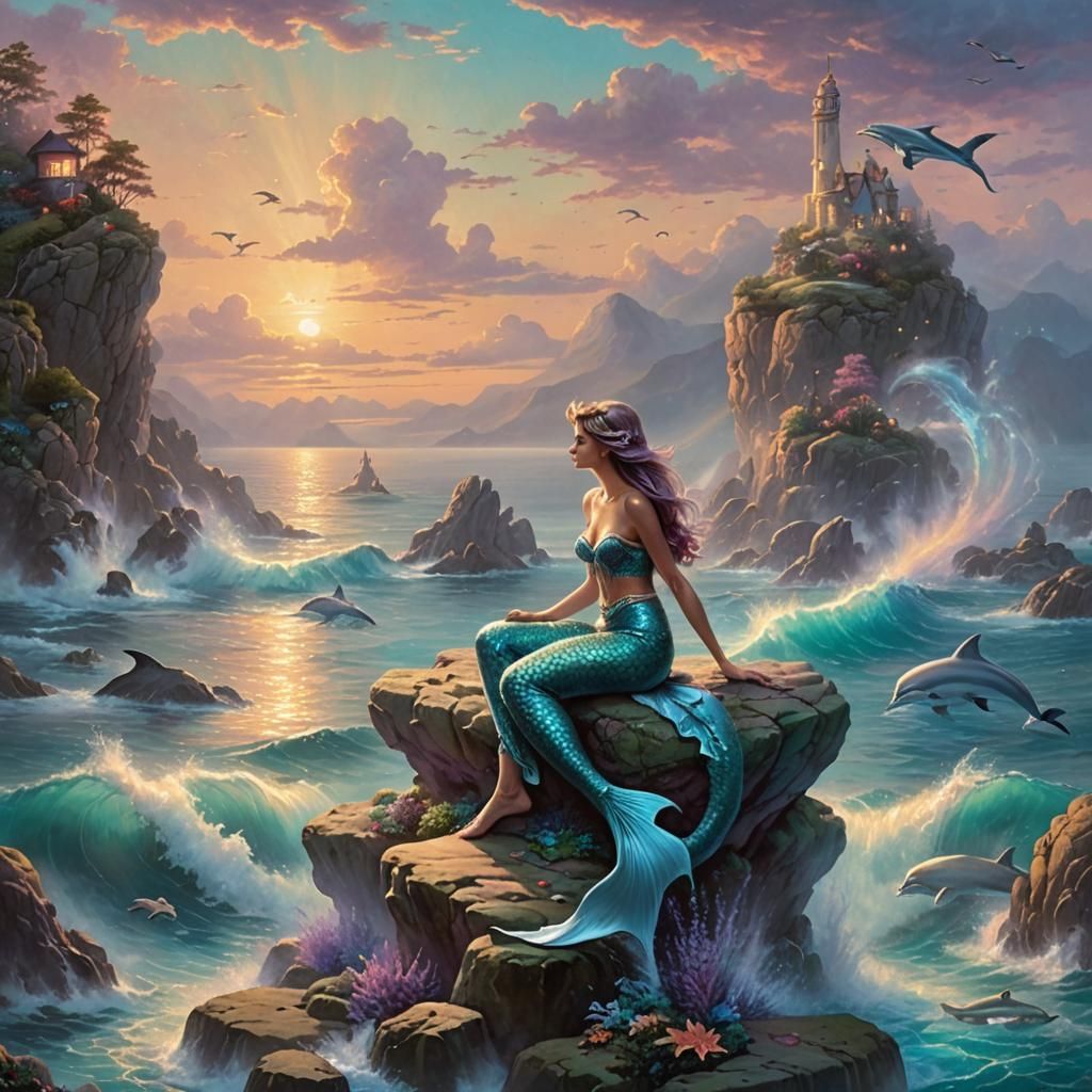 Turquoise Mermaid at Sunset, Fantasy Art