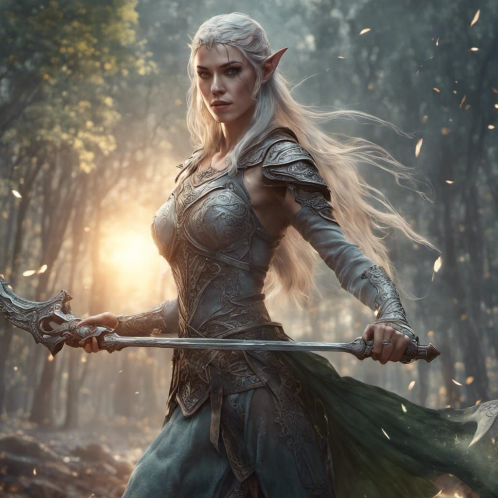 Elven Maiden Wielding Scimitar in Epic Battle