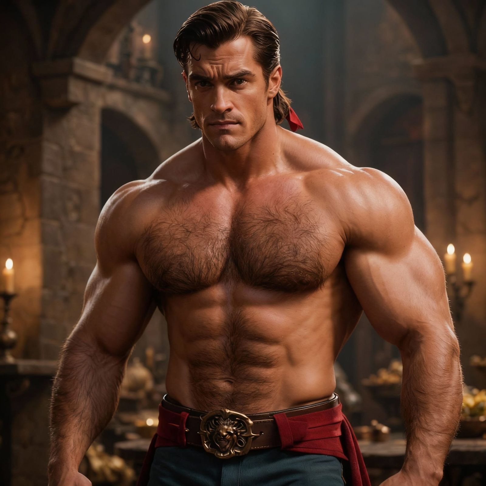Gaston Flexes Biceps in Medieval Pub - Photorealistic