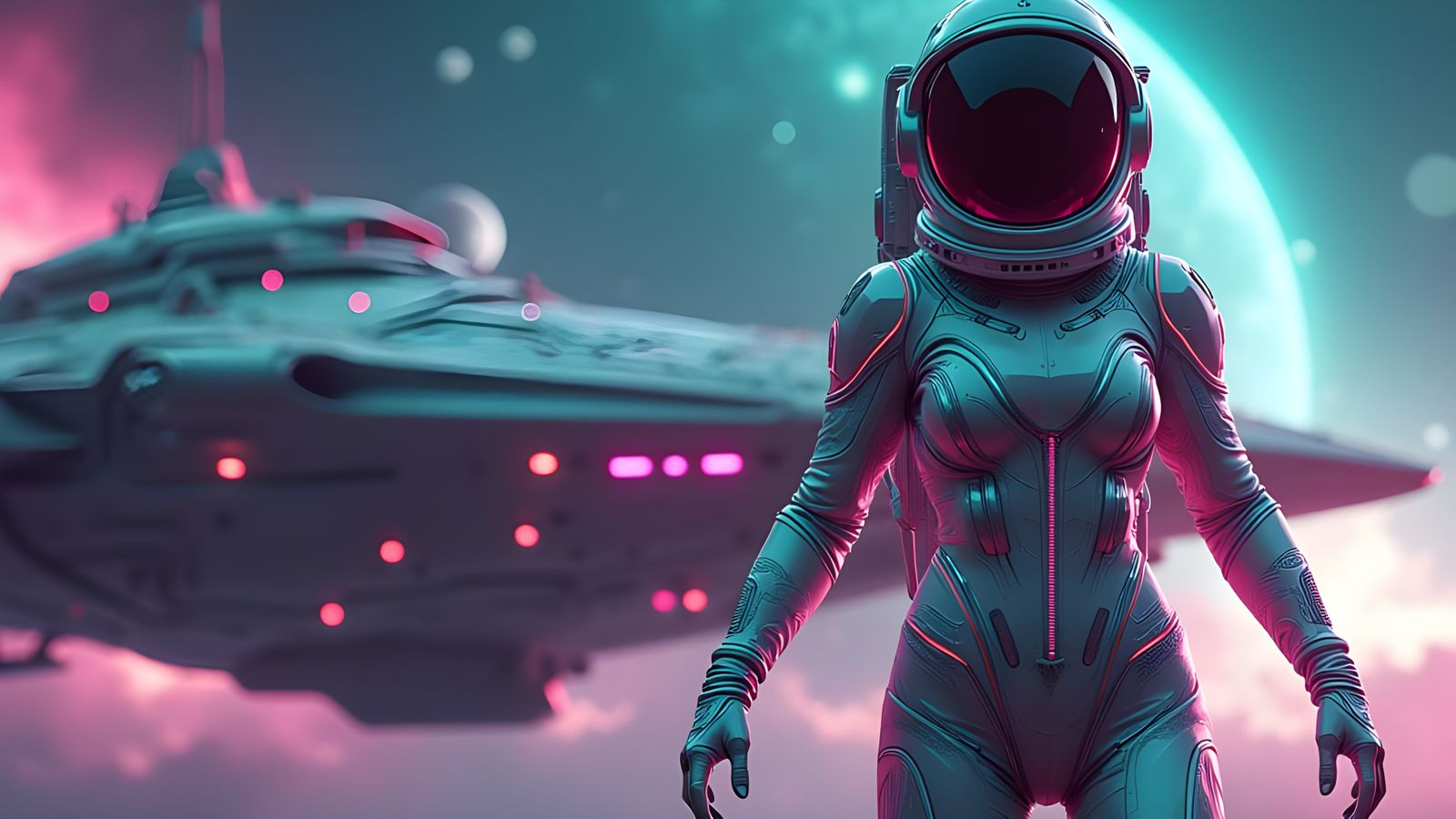 Futuristic Astronaut Poses Heroically by Spaceship in Galaxy
