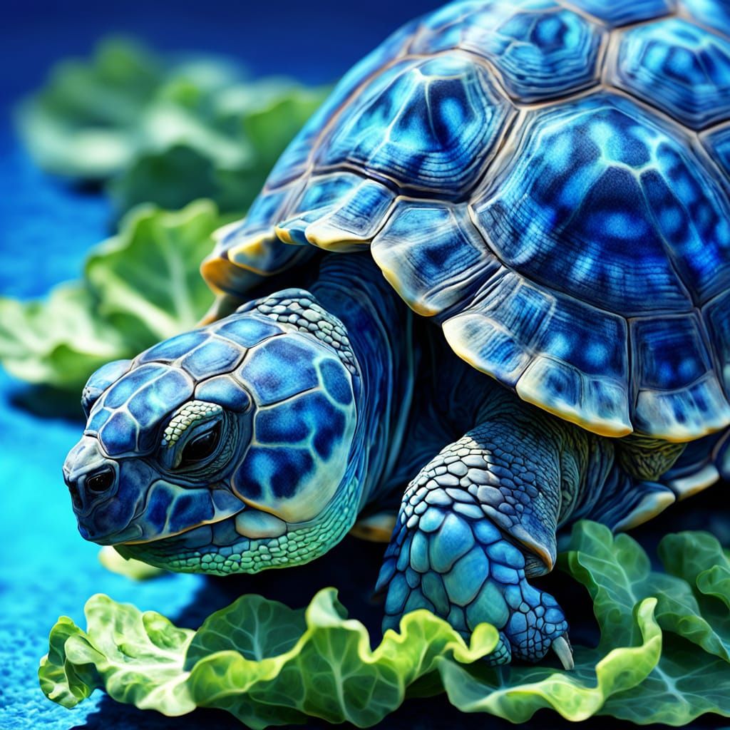 Blue Tortoise Feast: A Macro Digital Art Piece