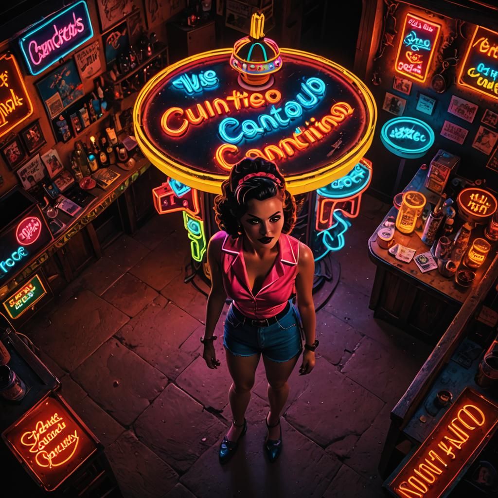 Neon Pin-Up Sign Over Desert Cantina