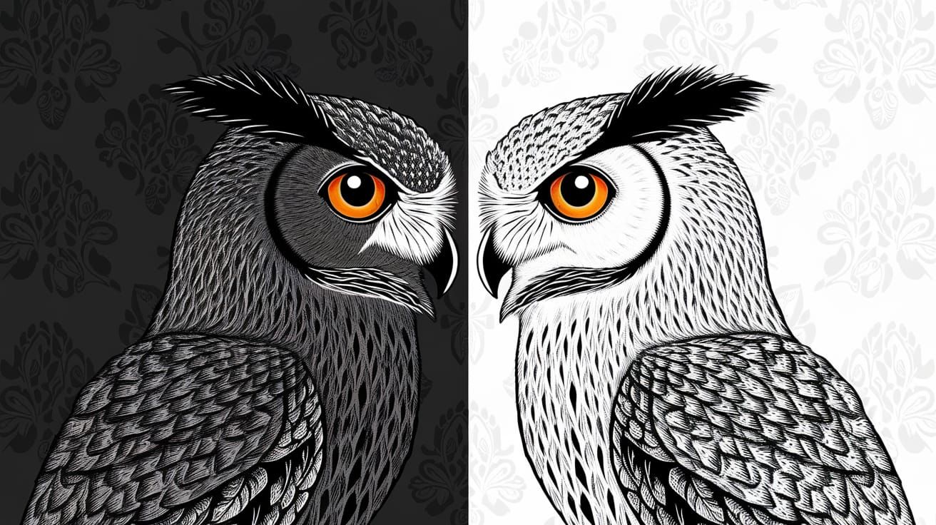 Majestic Dual Owls Confront Each Other in Vibrant Colors