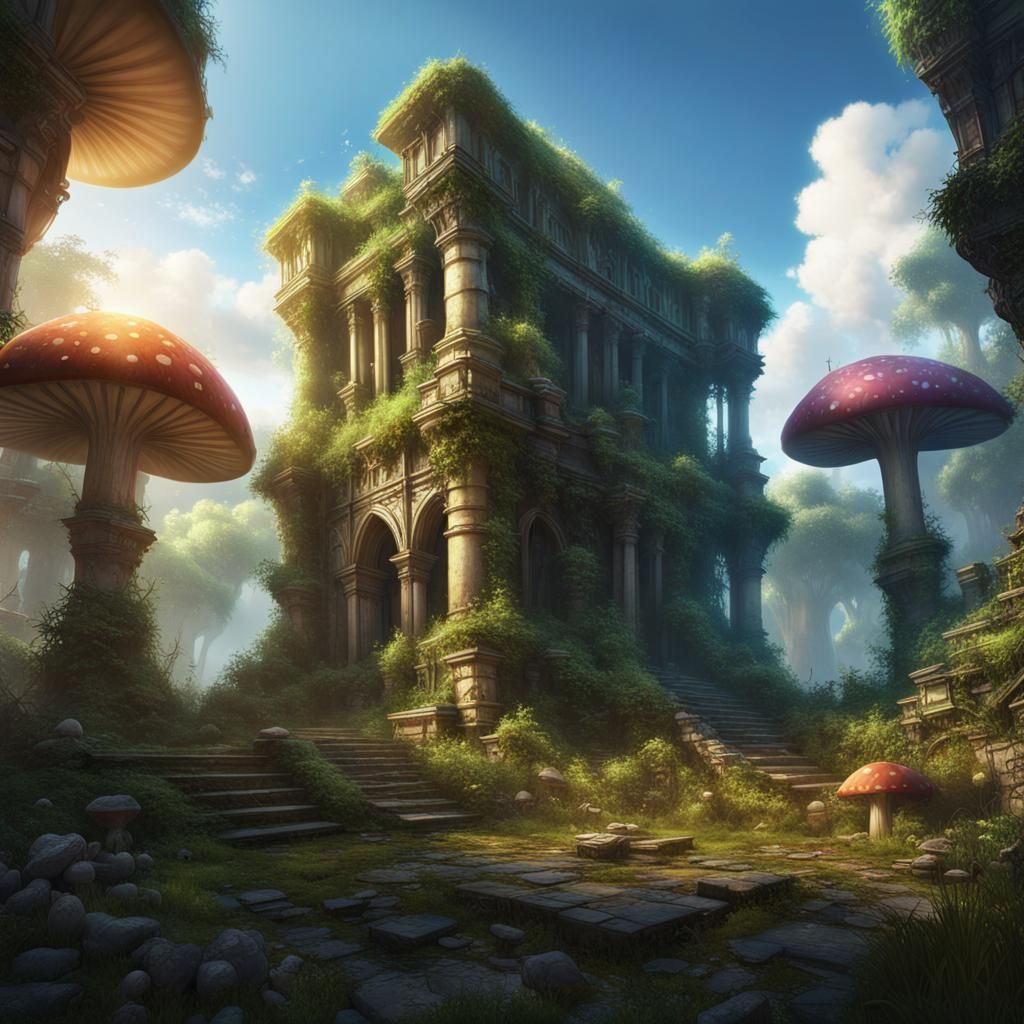 Overgrown Rainbow Ruins With a Hidden Library