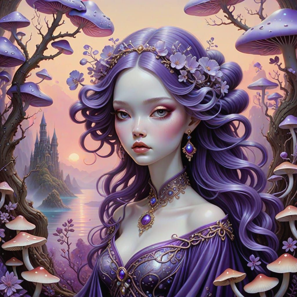 Mystical Whimsical Woman in a Vibrant Purple Dreamscape