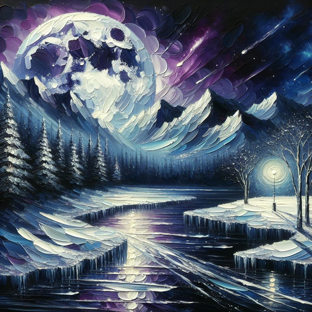 Super Moon Rising: Oil Painting with Icy River