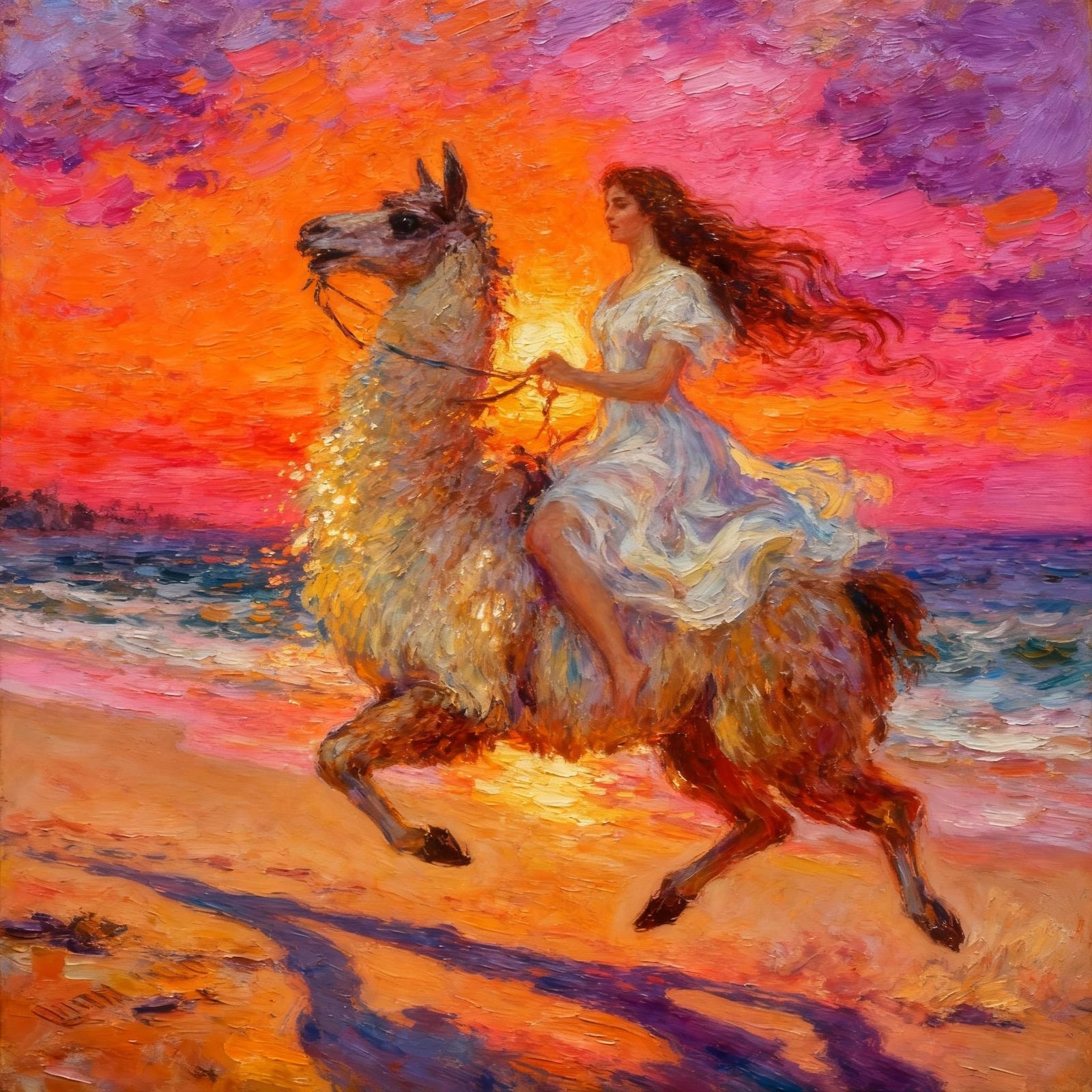 Woman Rides Giant Llama on Sunset Beach in Impasto Style