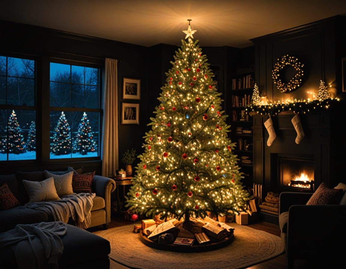 Cozy Living Room with Illuminated Christmas Tree