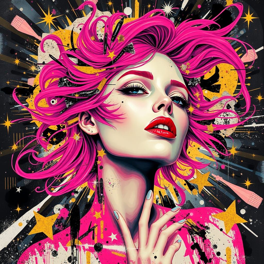 Cosmic Pink-Haired Woman in Dadaist Portrait