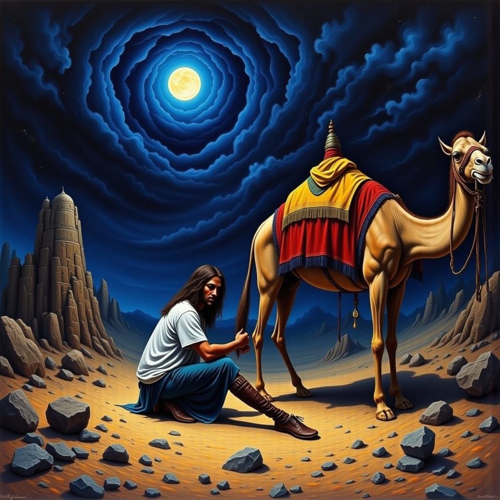 Midnight Oasis Desert Scene with Dramatic Lighting