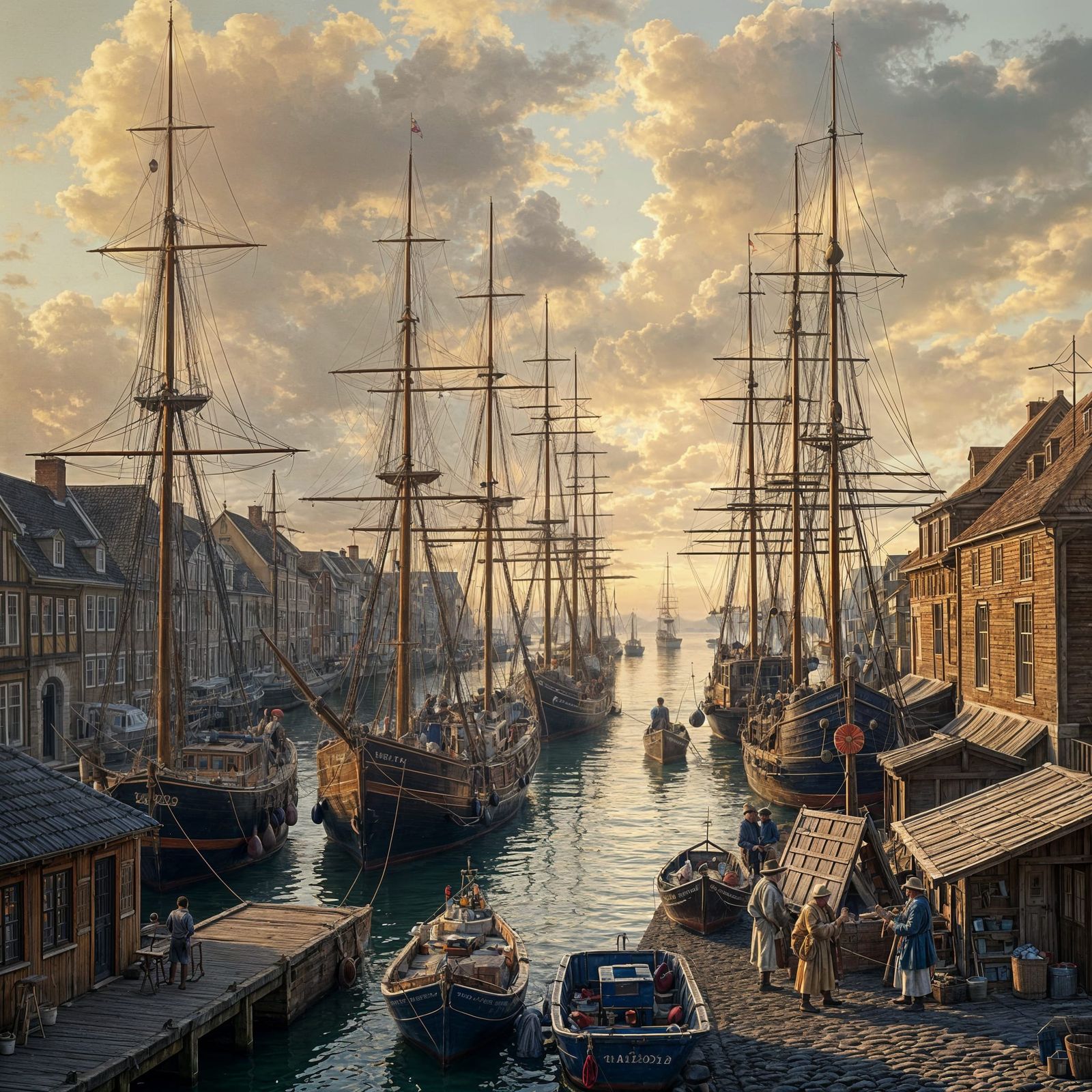 Dutch Harbor Scene at Sunrise in Photorealistic Oil Painting