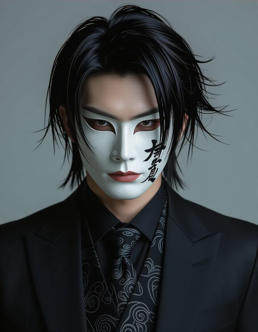 Man in Kabuki Mask with Silver Hair, Photorealistic Style