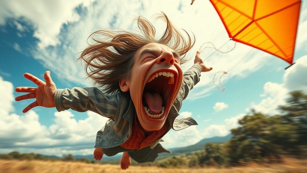 Comical Kite Accident in a Windy Landscape